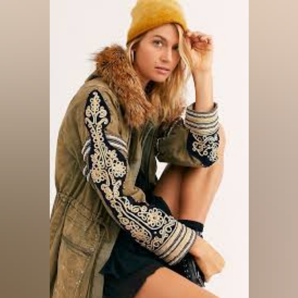 Free People Golden Quills Embroidered Parka Jacket NWOT Small
